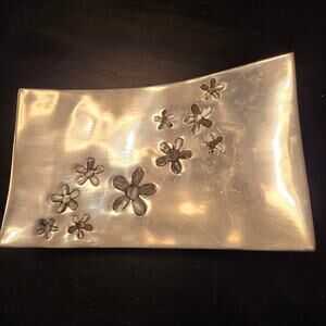 Vtg Robert Lee Morris Silver Tone Rectangular Trinket Footed Tray MOP Inlay